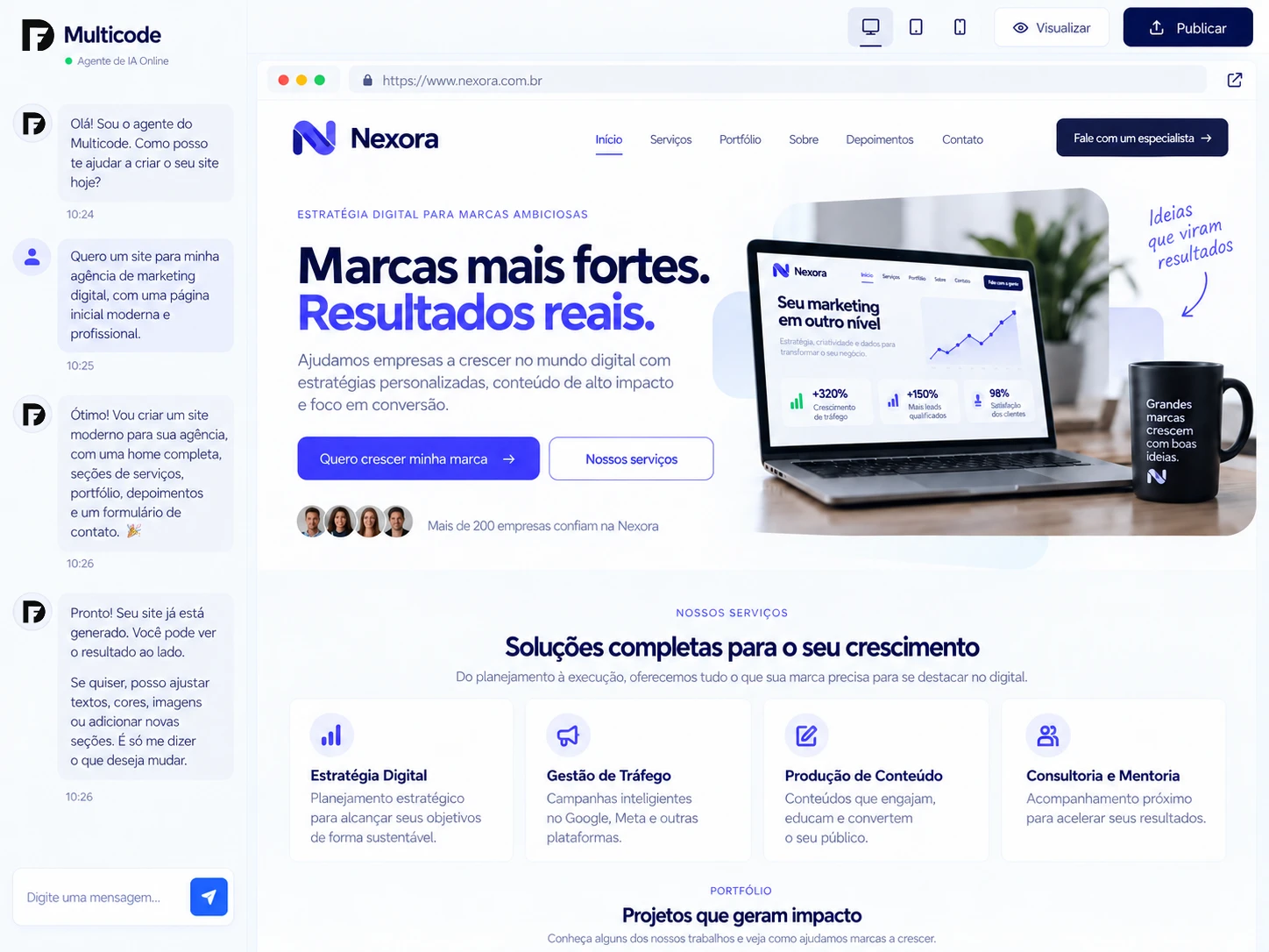 Tela da Multicode: à esquerda, a conversa em que o agente descreve o site que está construindo para uma agência de marketing digital; à direita, o preview ao vivo do site gerado.